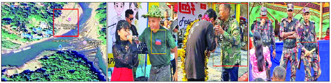 থানচি উপজেলার রেমাক্রি ঝিরিমুখে অনুষ্ঠানস্থল (লাল চিহ্নিত) (বাঁয়ে); জলকেলি উৎসবে আরাকান আর্মির কর্মকর্তারা (মাঝে) ও অনুষ্ঠানস্থলে বিজিবি সদস্যদের নির্বিকার অবস্থান