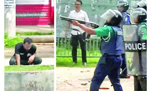 গুলিতে মাটিতে লুটিয়ে পড়ার আগে আবু সাঈদ (বাঁয়ে); পুলিশের গুলি করার দৃশ্য