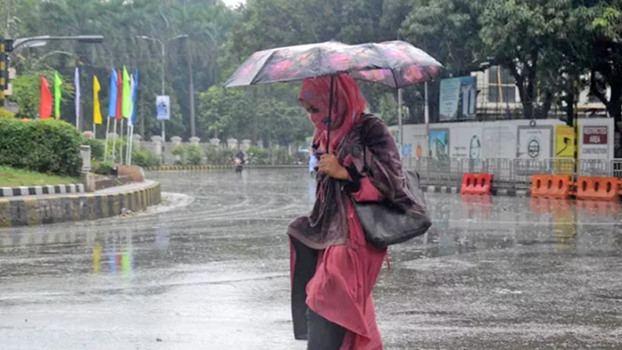 বৃষ্টিভেজা সকালে ছাতায় ঢাকা পথচারী