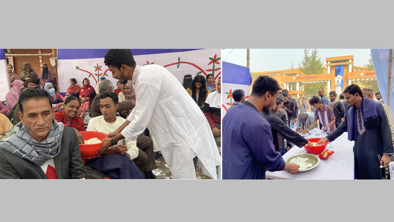 শহীদ ওসমান হাদির স্মরণে ববিতে ভর্তি পরীক্ষার জন্য আসা পরীক্ষার্থী ও অভিভাবকদের মাঝে ‘মুড়ি-বাতাসা’ বিতরণ