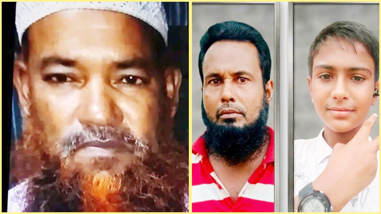 উদ্ধার হওয়া আল-আমিন মাঝি, (ডানে) নিখোঁজ কালাম পাইকার ও শহীদ
