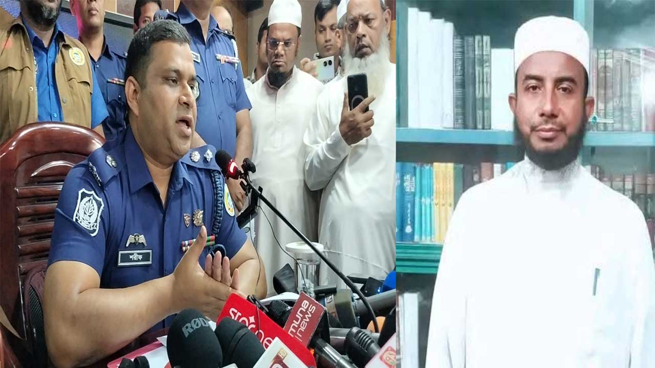 ভোলায় সংবাদ সম্মেলনে বক্তব্য দেন পুলিশ সুপার শরীফুল হক, ডানে নিহত ইসলামী বক্তা আমিনুল হক