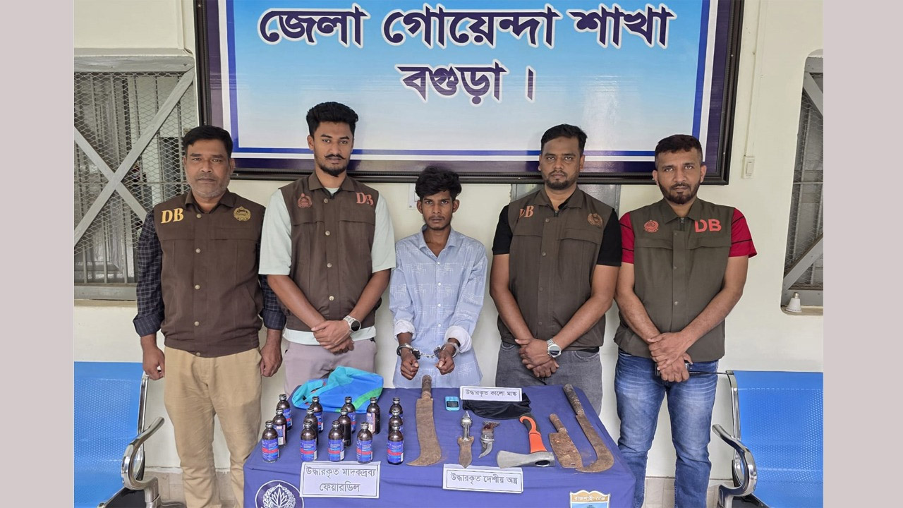 মাদক ও দেশীয় অস্ত্রসহ গ্রেফতার আলামিন (২৩)
