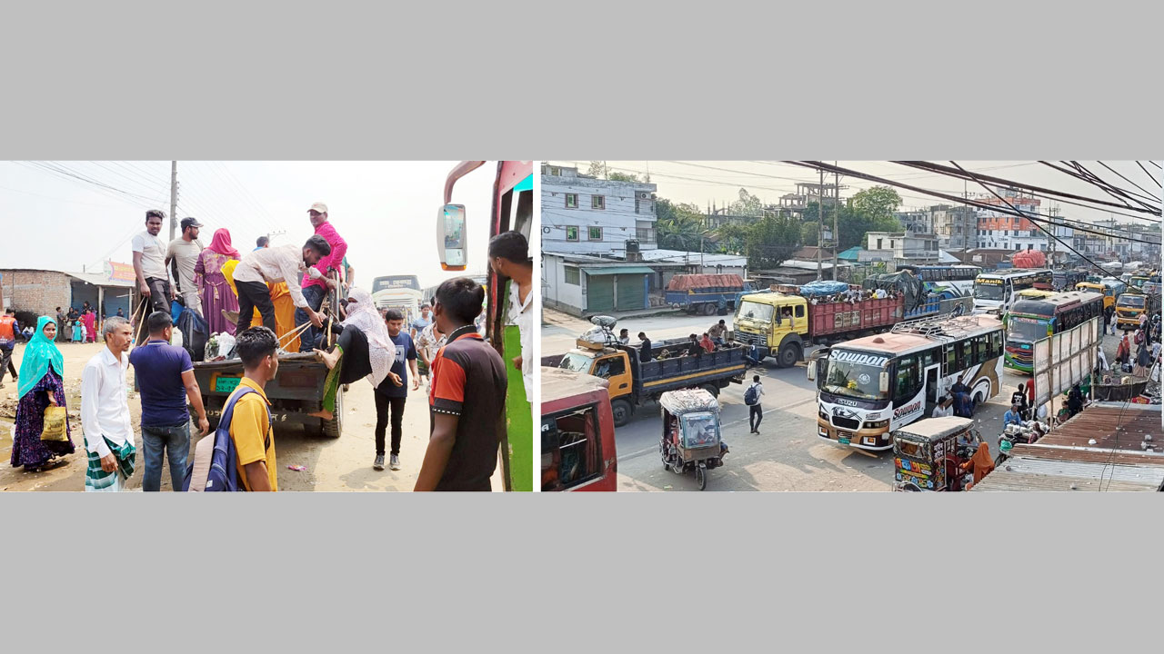 বাড়তি ভাড়া দিয়ে জীবনের ঝুঁকি নিয়ে ট্রাকে করে ফিরছেন ঢাকামুখী যাত্রীরা