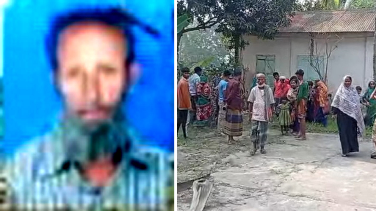 নিহত নুর আহমদ. (ডানে) নিহতের বাড়িতে এলাকাবাসীর ভিড়