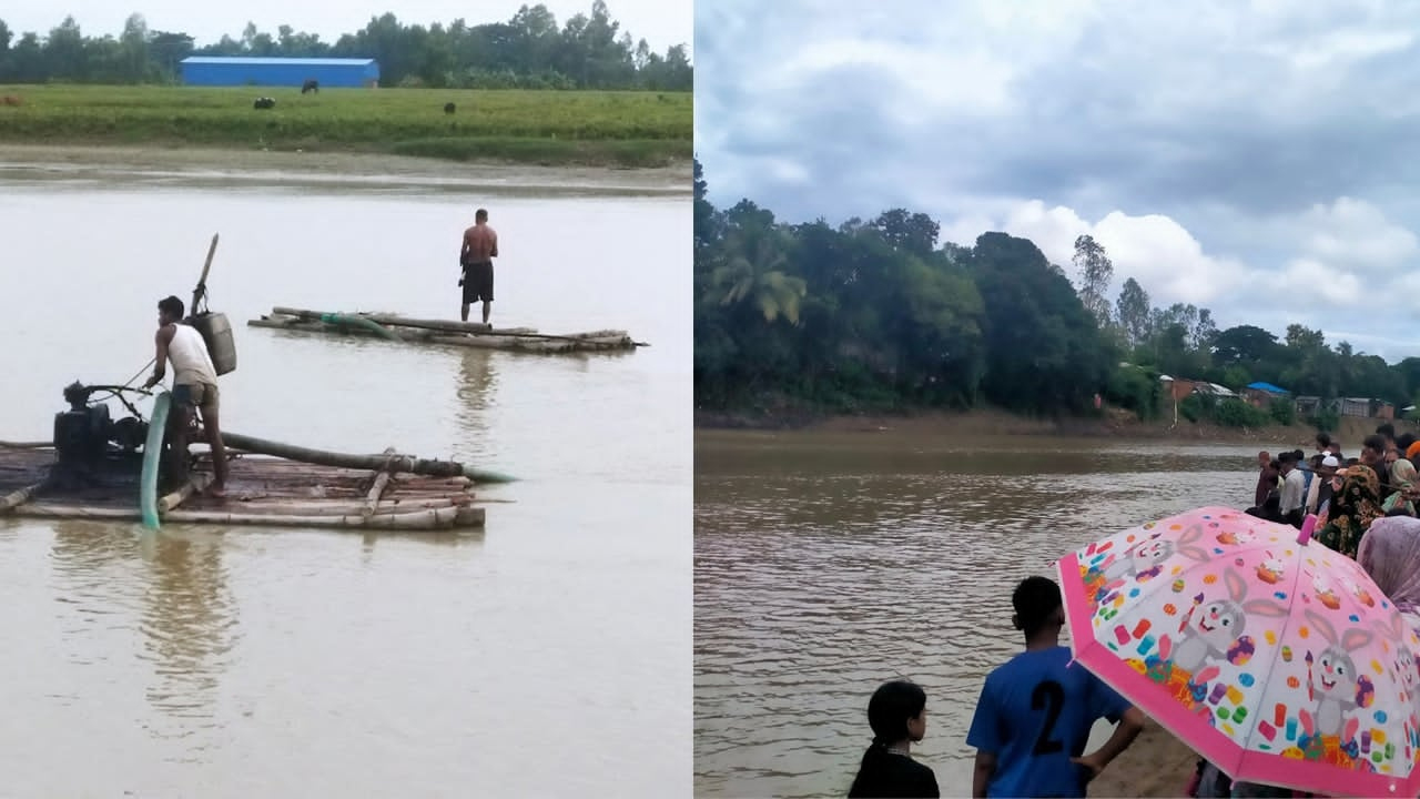 মাতামুহুরী নদীতে শ্যালো মেশিন দিয়ে বালু তোলার দৃশ্য (বামে) এবং নিহত আদরকে নদী থেকে উদ্ধারের সময় স্থানীয়দের ভিড়