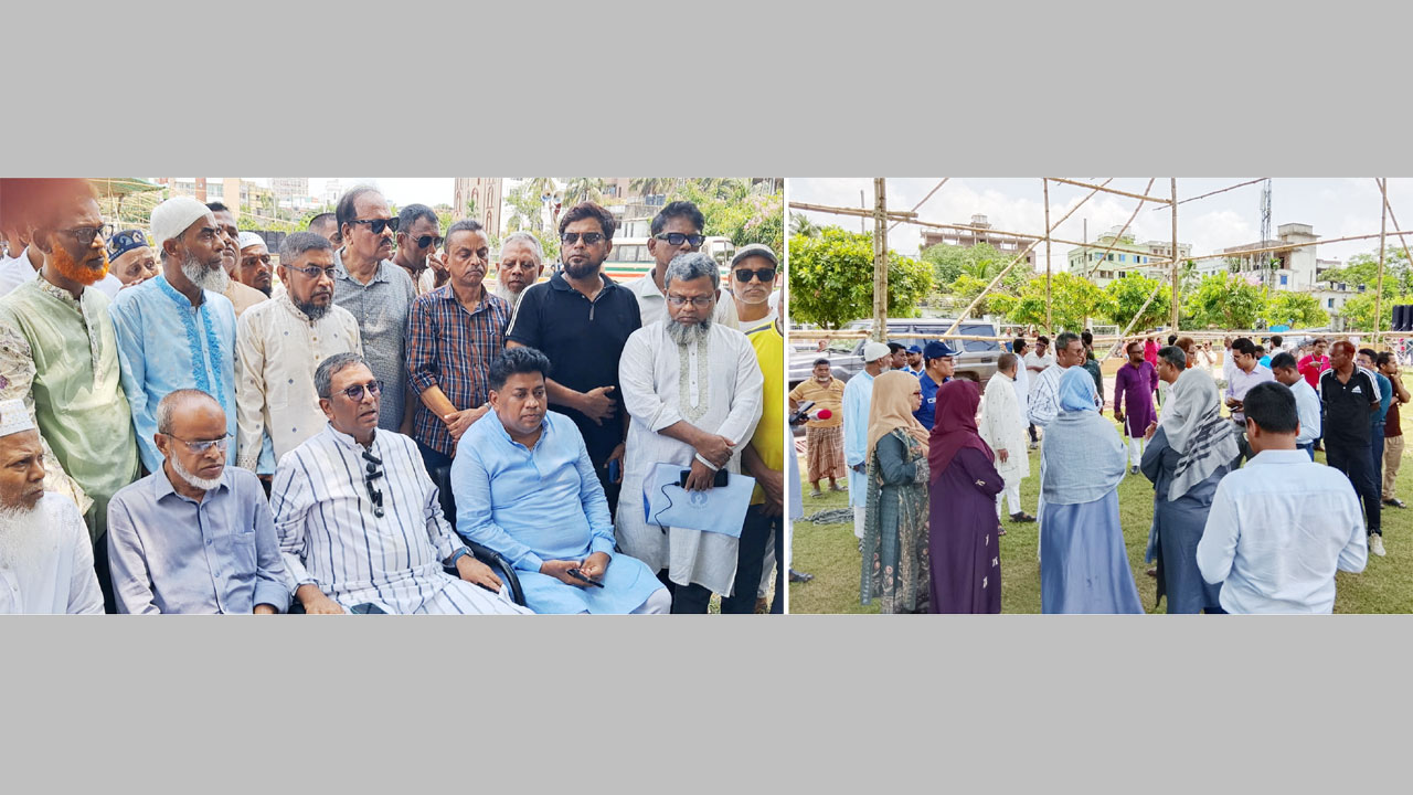 প্রেস ব্রিফিং করছেন এমপি শেখ ফরিদ আহমেদ মানিক, (ডানে) সভাস্থল পরিদর্শনে নেতাকর্মীরা