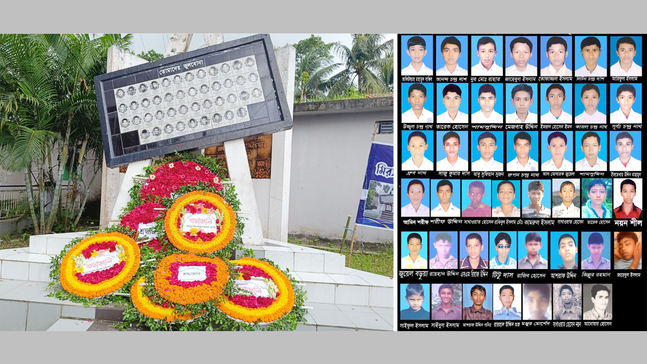 আবুতোরাব উচ্চ বিদ্যালয়ে নির্মিত স্মৃতিস্তম্ভ ‘আবেগ’, (ডানে) নিহত শিক্ষার্থীদের ছবি
