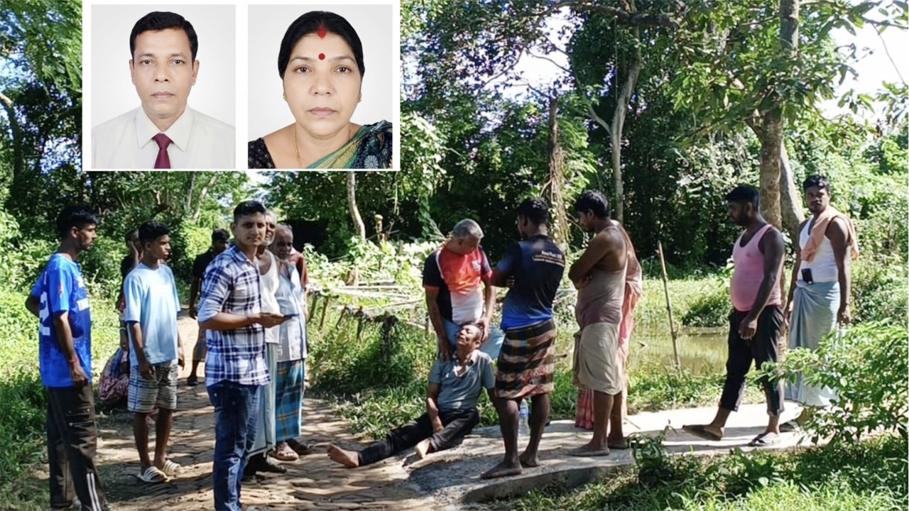 ঘটনাস্থলে স্থানীয়দের ভিড়, (ইনসেটে) নিহত স্বপন দাশ গুপ্ত ও তার স্ত্রী কল্পনা দাশ