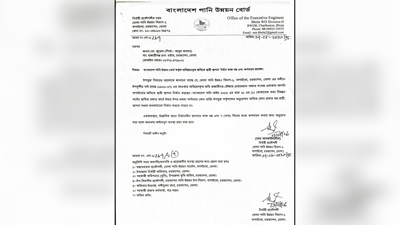 বেড়িবাঁধে নির্মাণাধীন বহুতল ভবন অপসারণের নির্দেশ