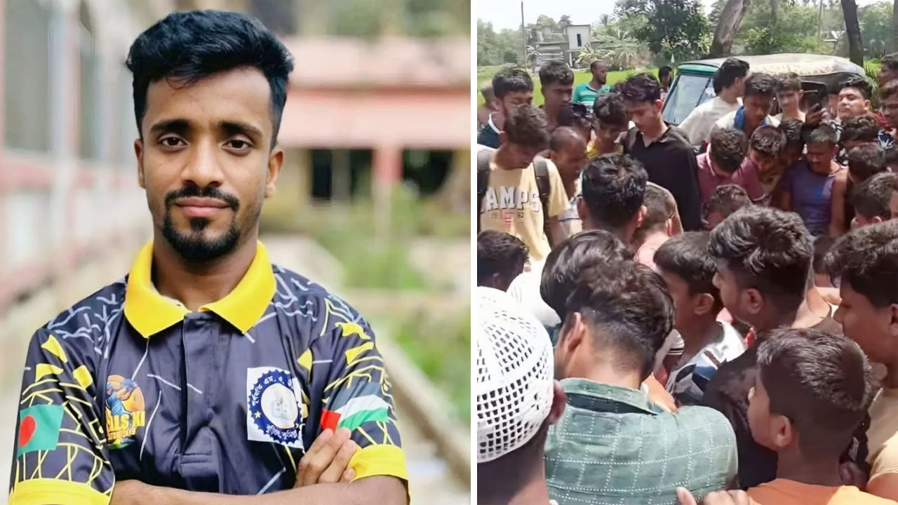 নিহত কলেজছাত্র সাইদুল ইসলাম, (ডানে) ঘটনাস্থলে জনতার ভিড়