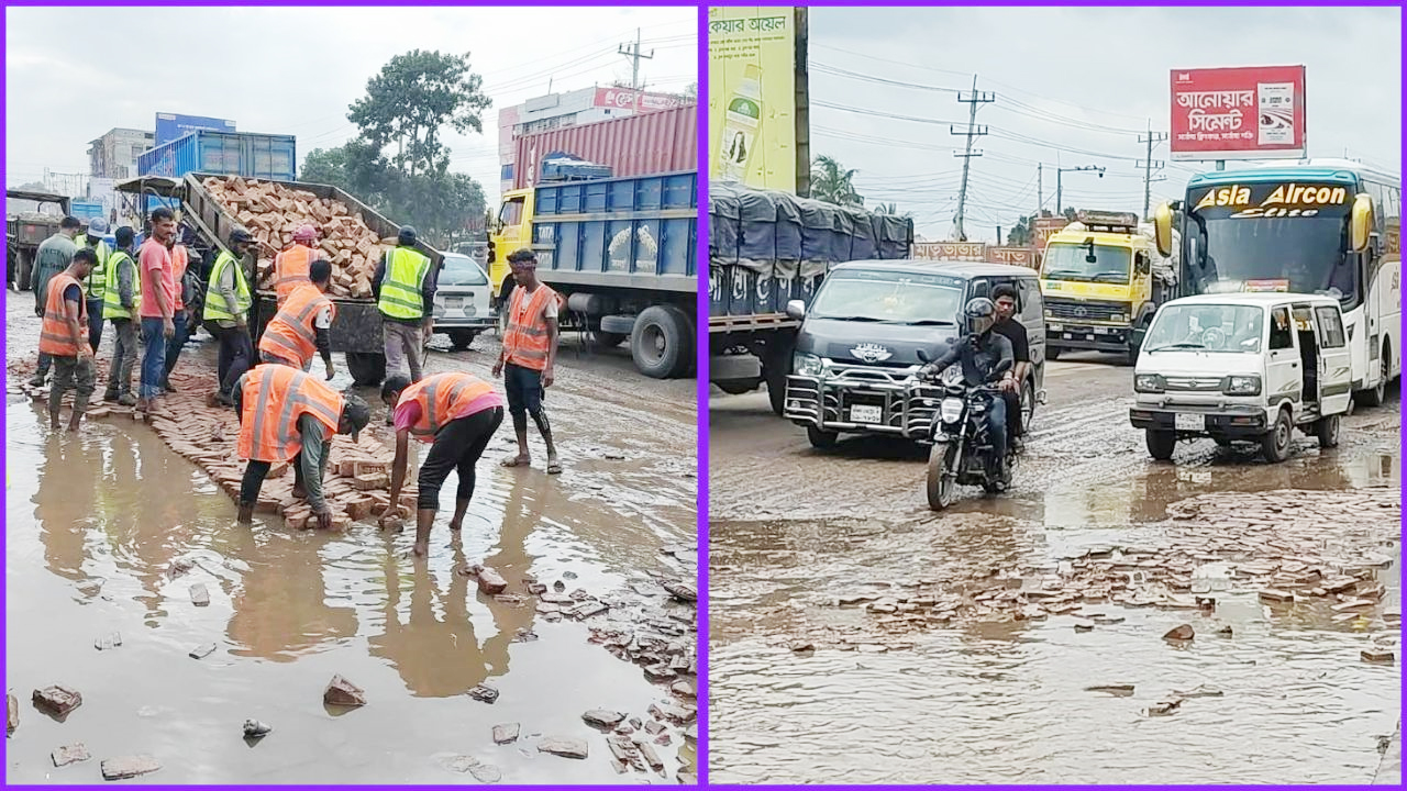 বিকল্প ব্যবস্থা ছাড়াই চলছে সড়ক সংস্কারকাজ, (ডানে) খানাখন্দে ভরা মহাসড়কে ধীর গতিতে চলছে যানবাহন
