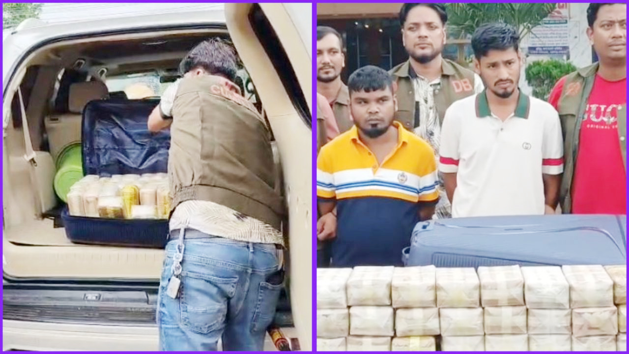 প্রাডো গাড়ি থেকে জব্দ করা হচ্ছে ইয়াবা, (ডানে) আটক দু’জন