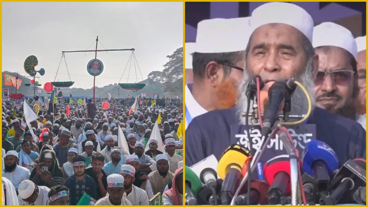 হাজার হাজার জনতাকে সামনে রেখে বক্তব্য দিচ্ছেন অধ্যাপক মজিবুর রহমান