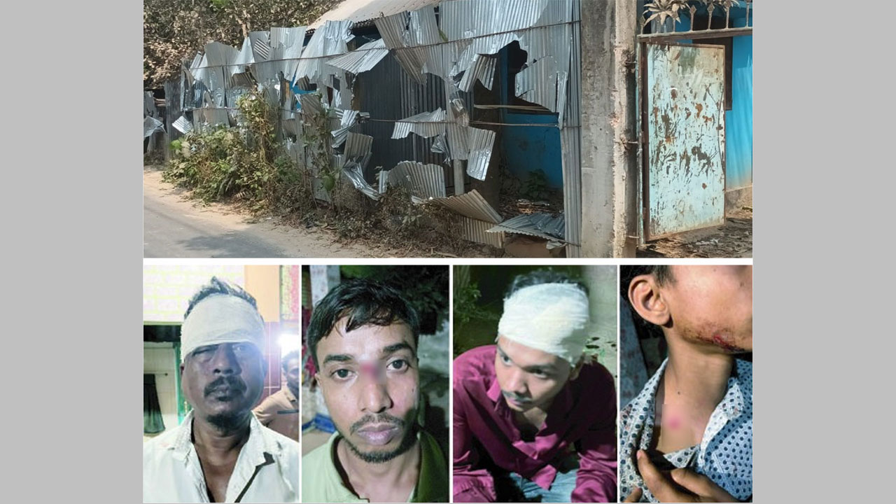 হামলা-ভাঙচুরের দৃশ্য, (নিচে) আহতদের একাংশ