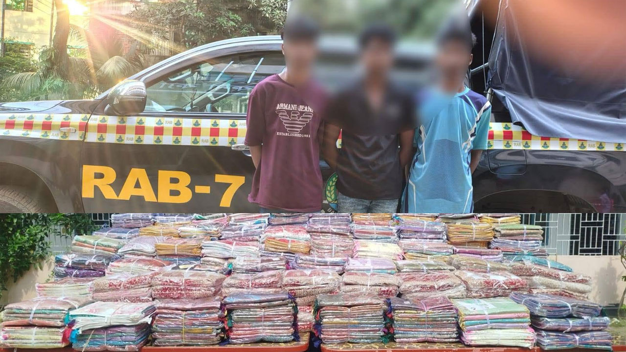 অভিযানে উদ্ধার করা শাড়ি ও আটক ব্যক্তিরা