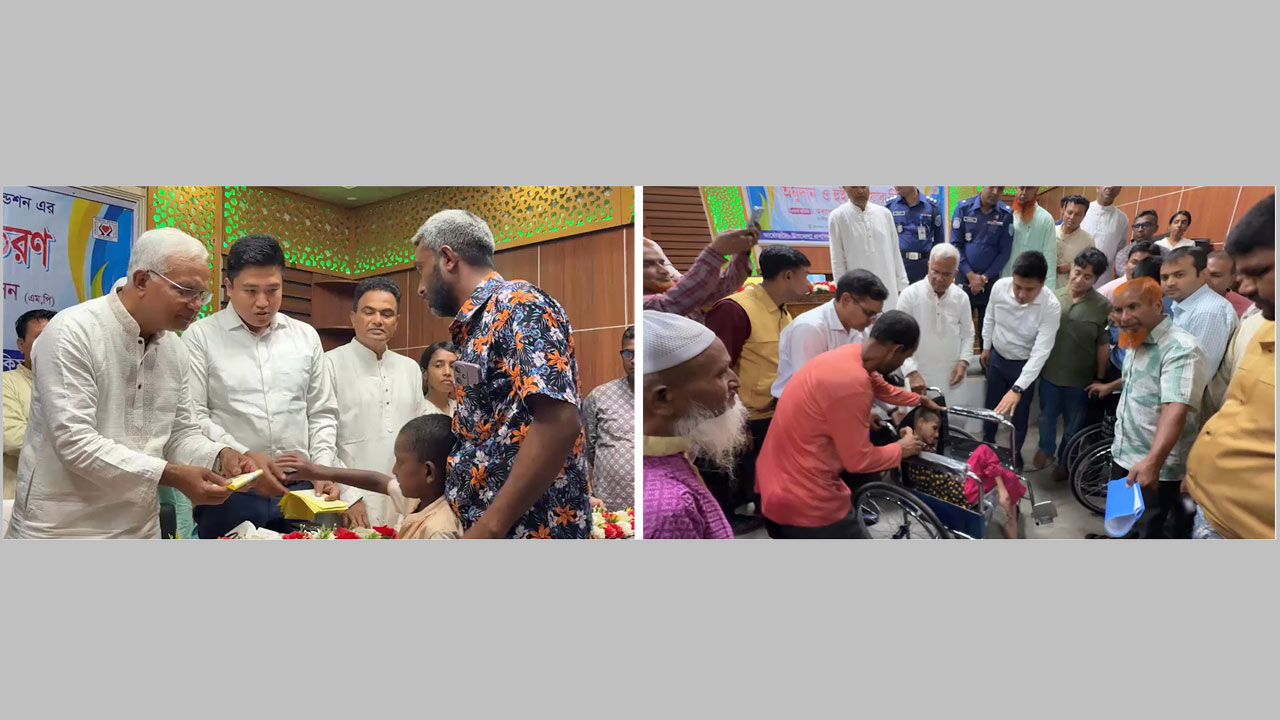 অসহায় ও প্রতিবন্ধীদের মাঝে অনুদান ও হুইল চেয়ার বিতরণকালে সমাজকল্যাণমন্ত্রী