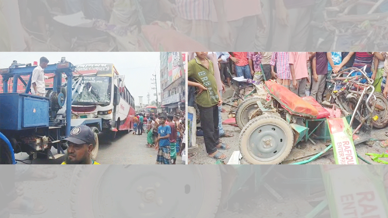 ঘাতক বাস, (ডানে) দুমড়ে-মুচড়ে যাওয়া অটোরিকশাটি
