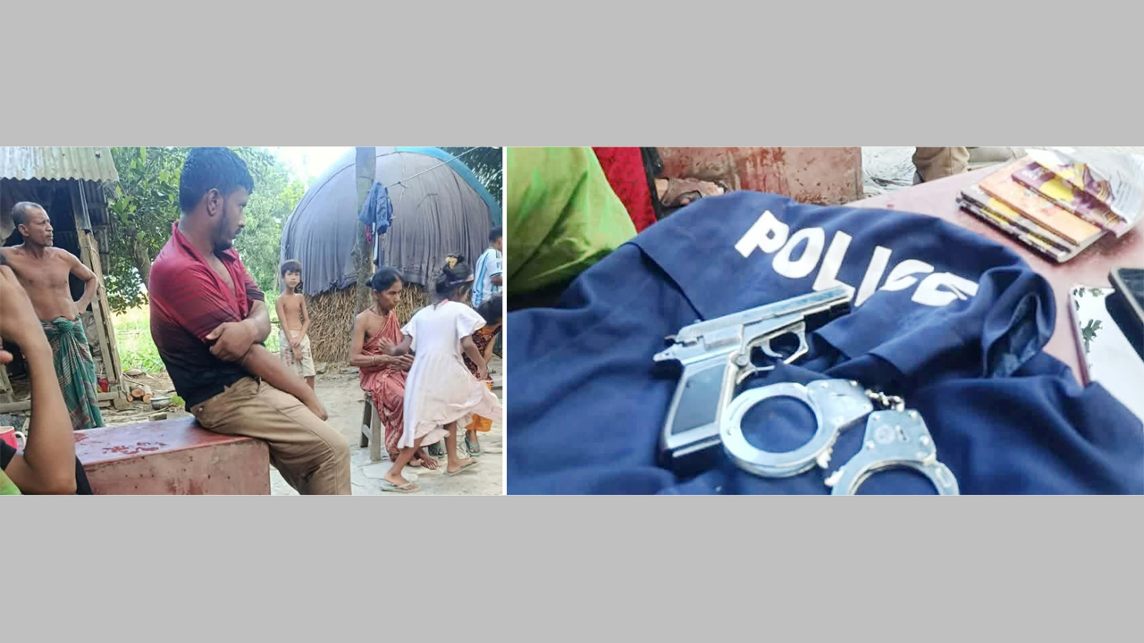 আটক রাকিব শেখ, (ডানে) জব্দকৃত পুলিশের পোশাক, হ্যান্ডকাপ, খেলনা পিস্তল