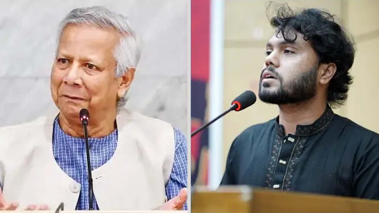 প্রধান উপদেষ্টা অধ্যাপক ড. মুহাম্মদ ইউনূস (বাঁয়ে) ও ইনকিলাব মঞ্চের মুখপাত্র শরিফ ওসমান হাদি