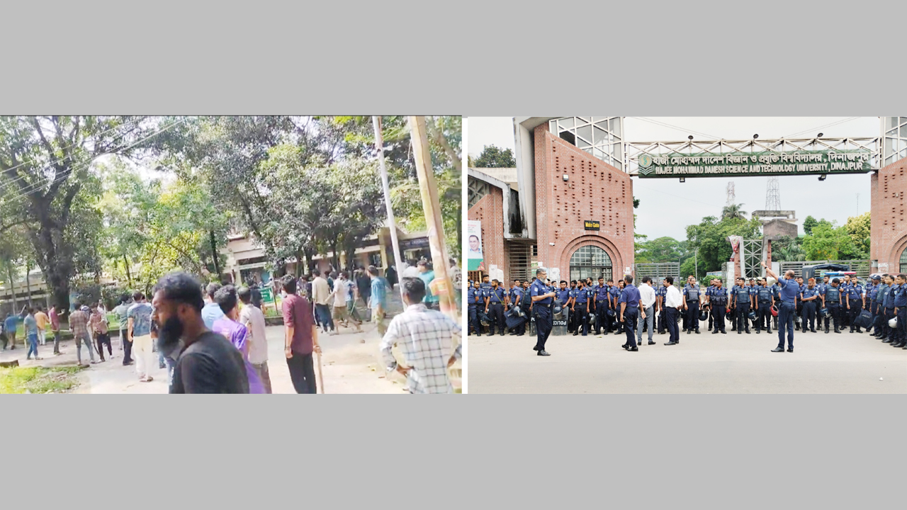 হলে হামলার দৃশ্য, (ডানে) ক্যাম্পাসে পুলিশি পাহারা