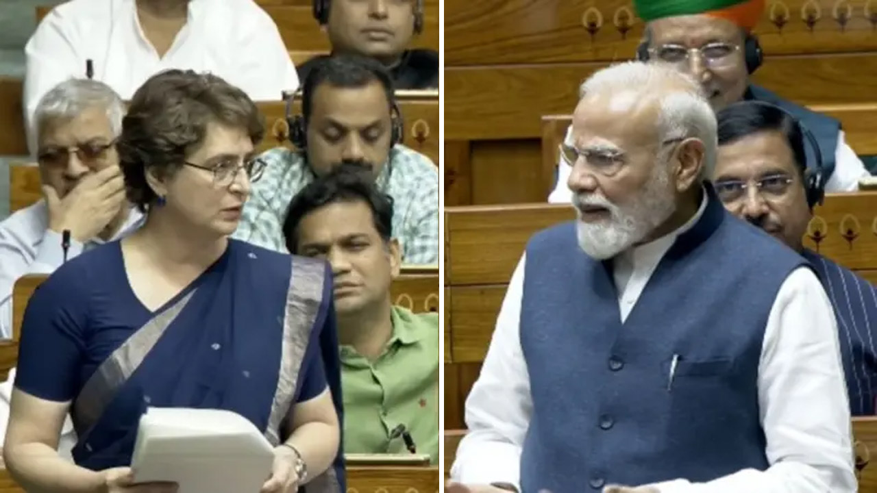 পার্লামেন্টে বিরোধী দল কংগ্রেসের প্রিয়াঙ্কা গান্ধী ও প্রধানমন্ত্রী নরেন্দ্র মোদি