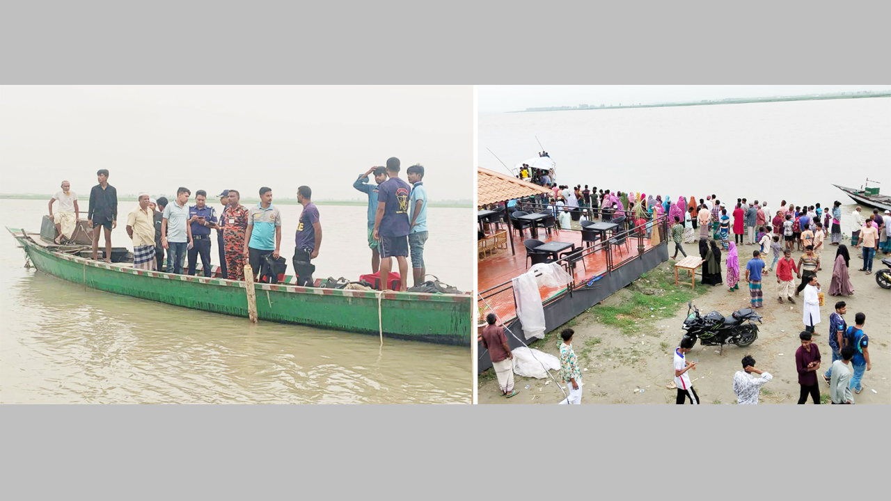 উদ্ধার অভিযানে পুলিশ, ফায়ার সার্ভিস ও স্থানীয়রা, (ডানে) নদীর পাড়ে স্থানীয়দের ভিড়