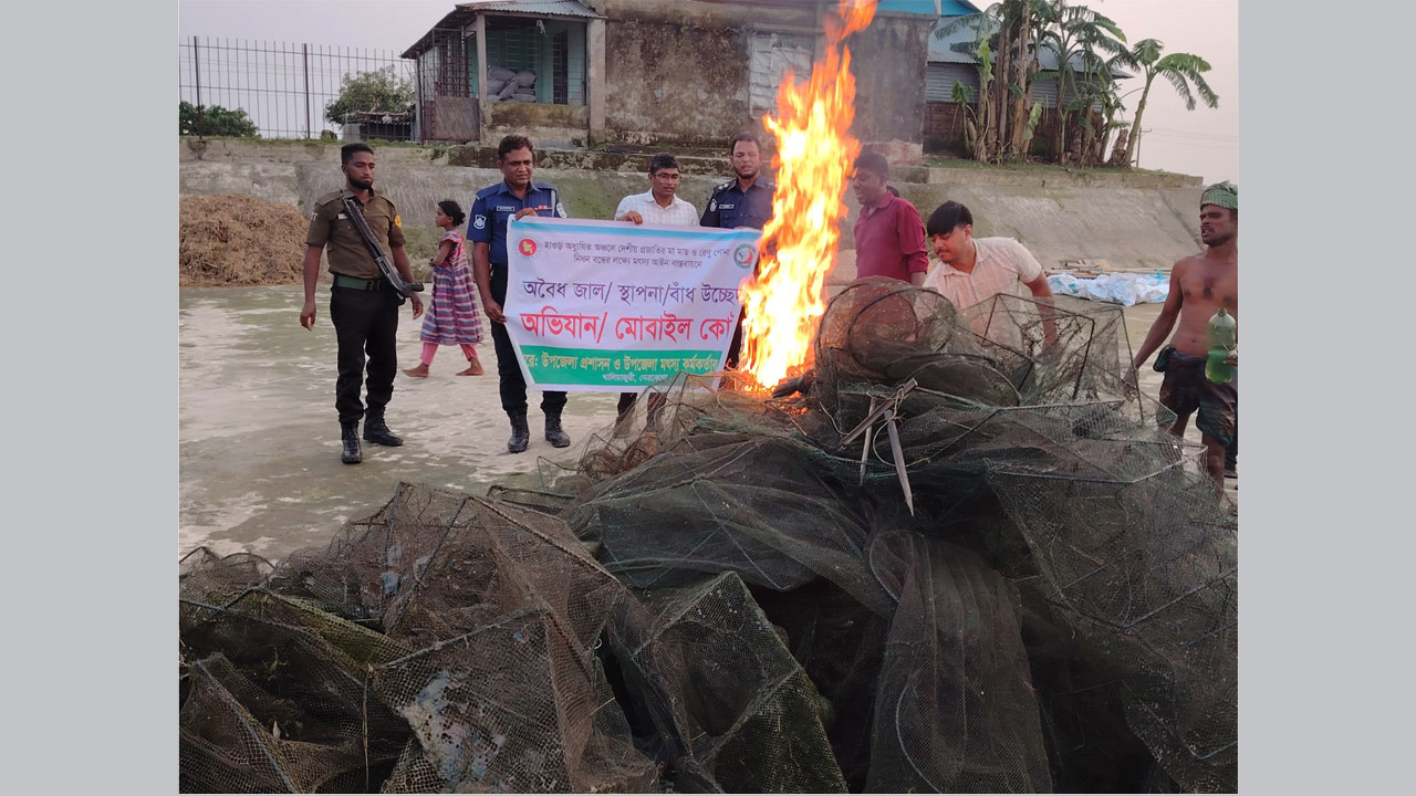 খালিয়াজুড়িতে লক্ষাধিক টাকার নিষিদ্ধ চায়না জাল জব্দ