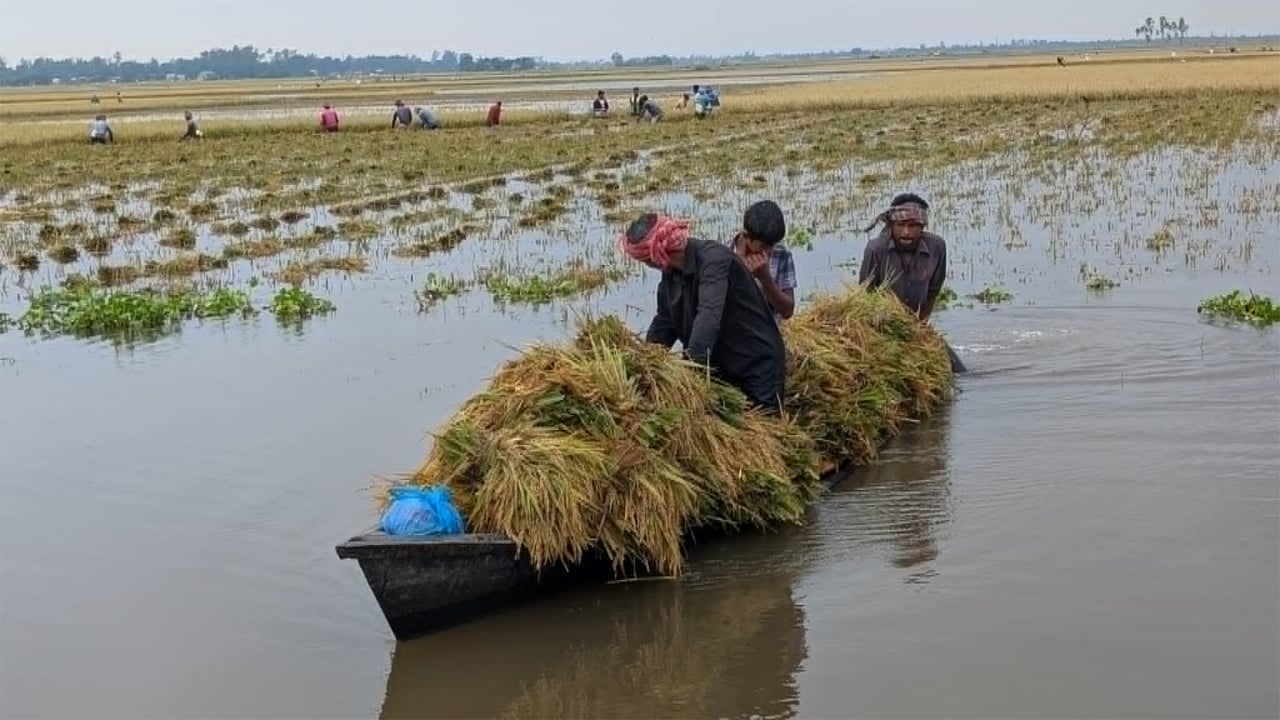 পানিতে ডুবে যাওয়া ধানের কিছু উদ্ধারের চেষ্টা