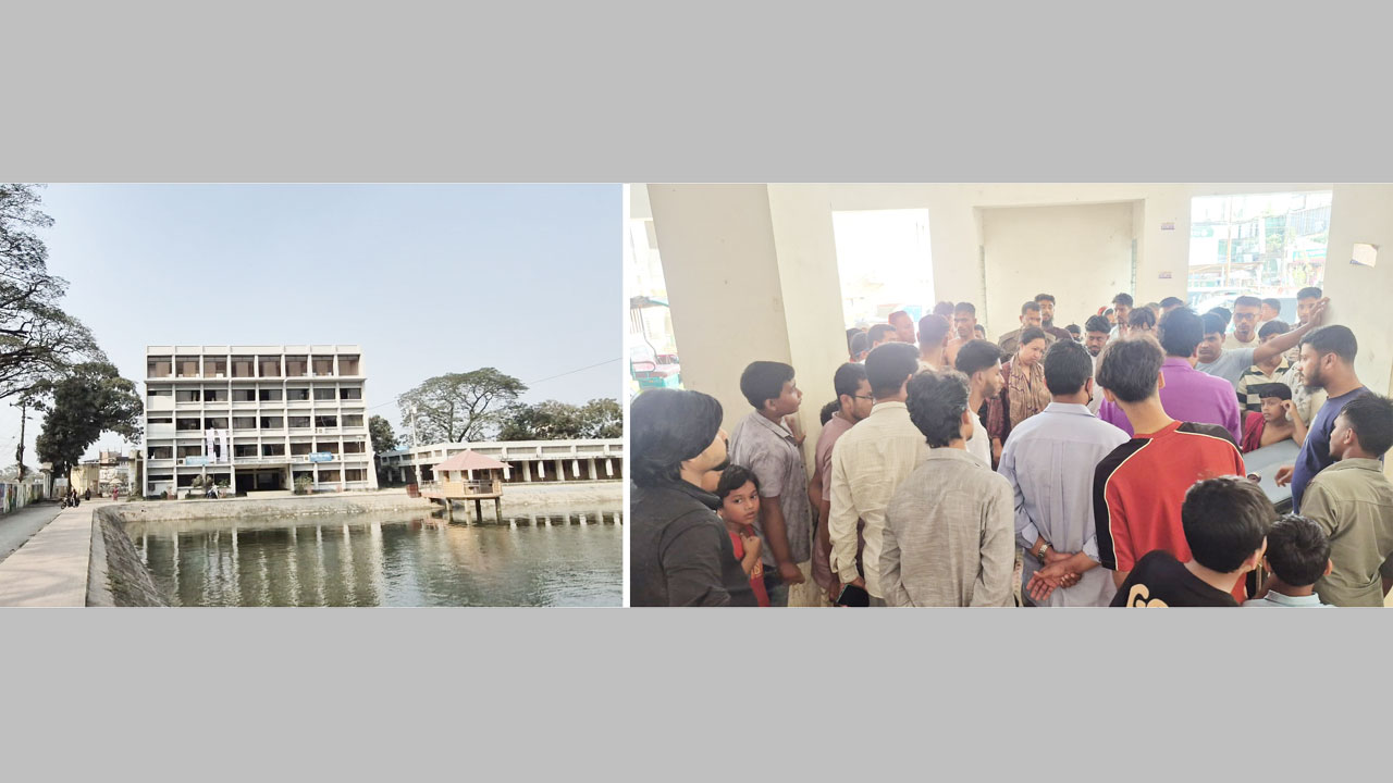 কটিয়াদী উপজেলা পরিষদ চত্বর সংলগ্ন পুকুর, (ডানে) শিশুটিকে উদ্ধারের পর স্থানীয়দের ভিড়