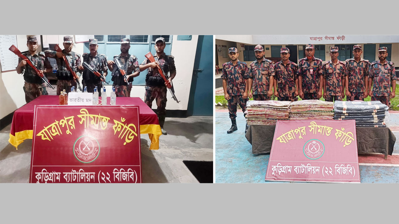 বিজিবির অভিযানে জব্দকৃত মাদক ও ভারতীয় শাড়ি