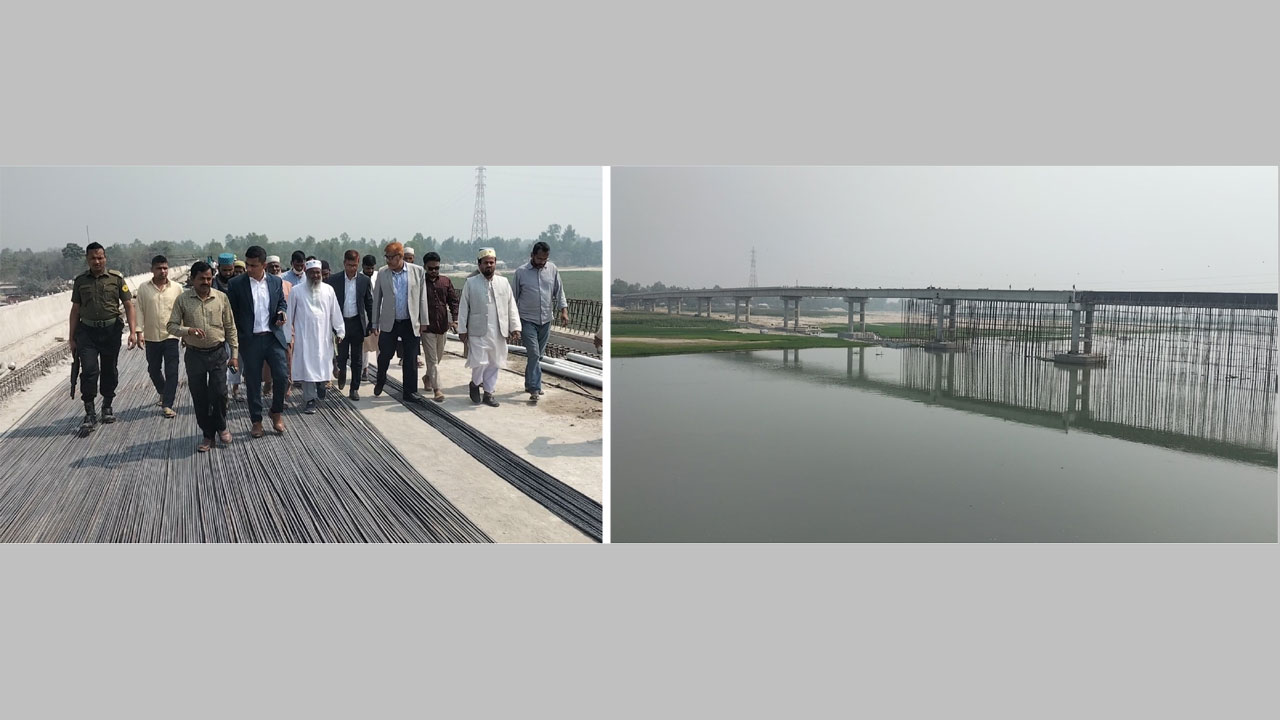 সেতু পরিদর্শনে সংসদ সদস্য, (ডানে) নির্মাণাধীন সেতু