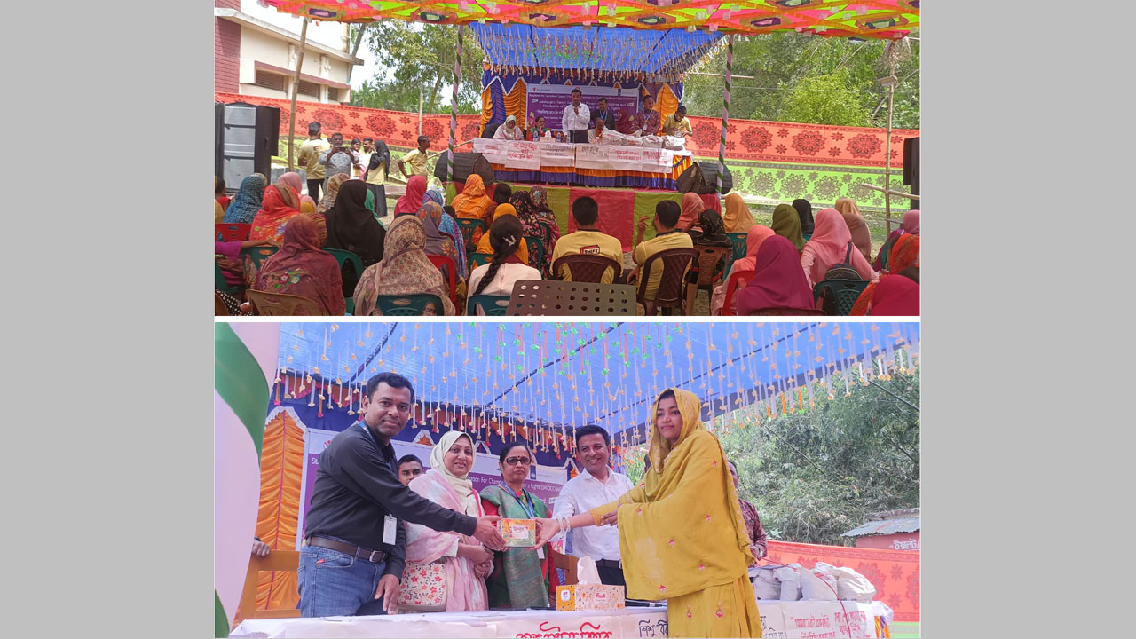 বাল্যবিবাহ রোধে আলোচনা সভা, (নিচে) কিশোরীদের মাঝে সুরক্ষা সামগ্রী বিতরণ