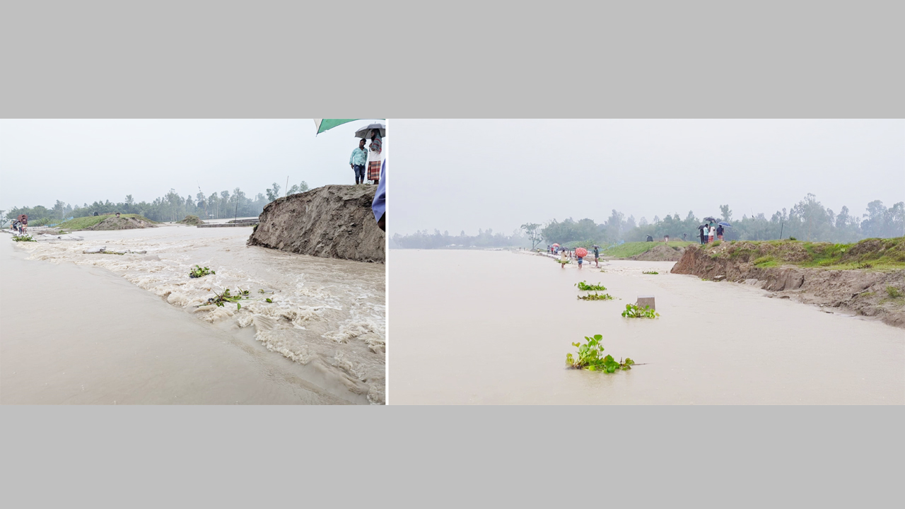 বেড়িবাঁধ ভেঙে লোকালয়ে ঢুকছে দুধকুমার নদের পানি