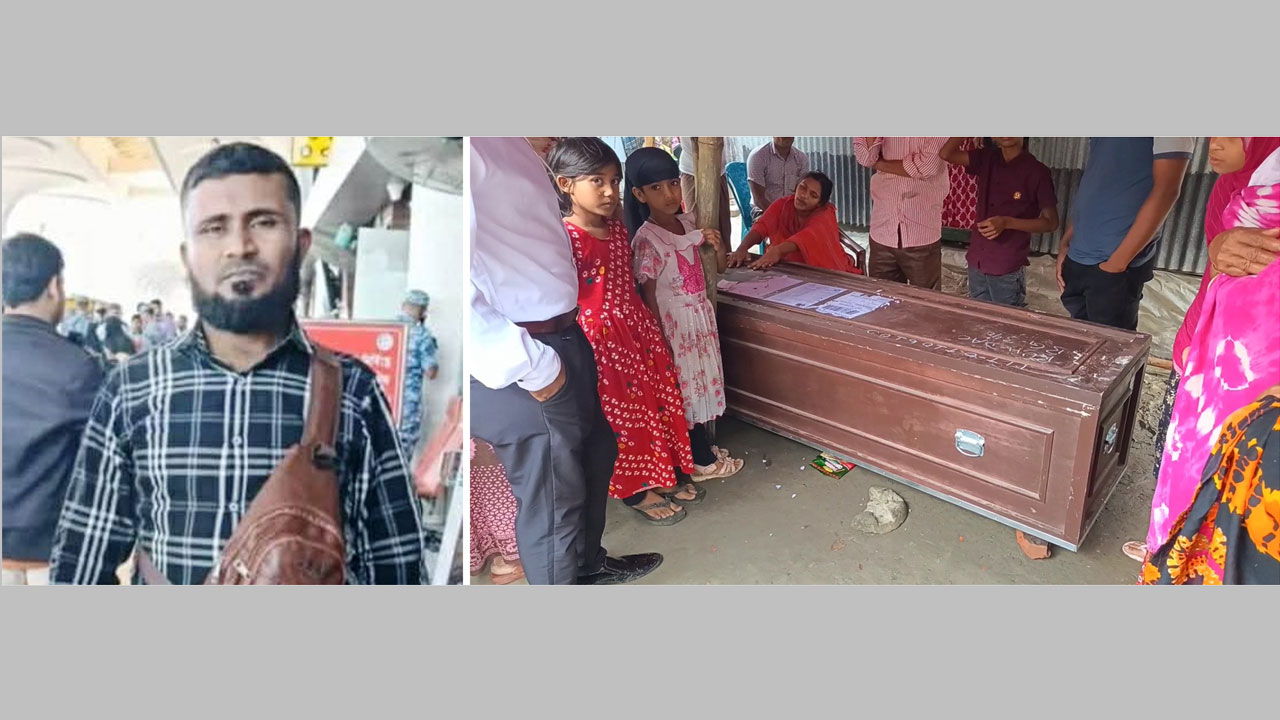 নিহত সৌদি প্রবাসী সোবাহান খাঁ, (ডানে) লাশবাহী কফিনের পাশে স্বজনদের আহাজারি