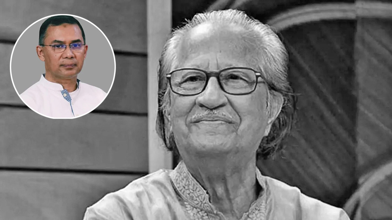 চিত্রশিল্পী মুস্তাফা মনোয়ার, ইনসেটে- প্রধানমন্ত্রী তারেক রহমান