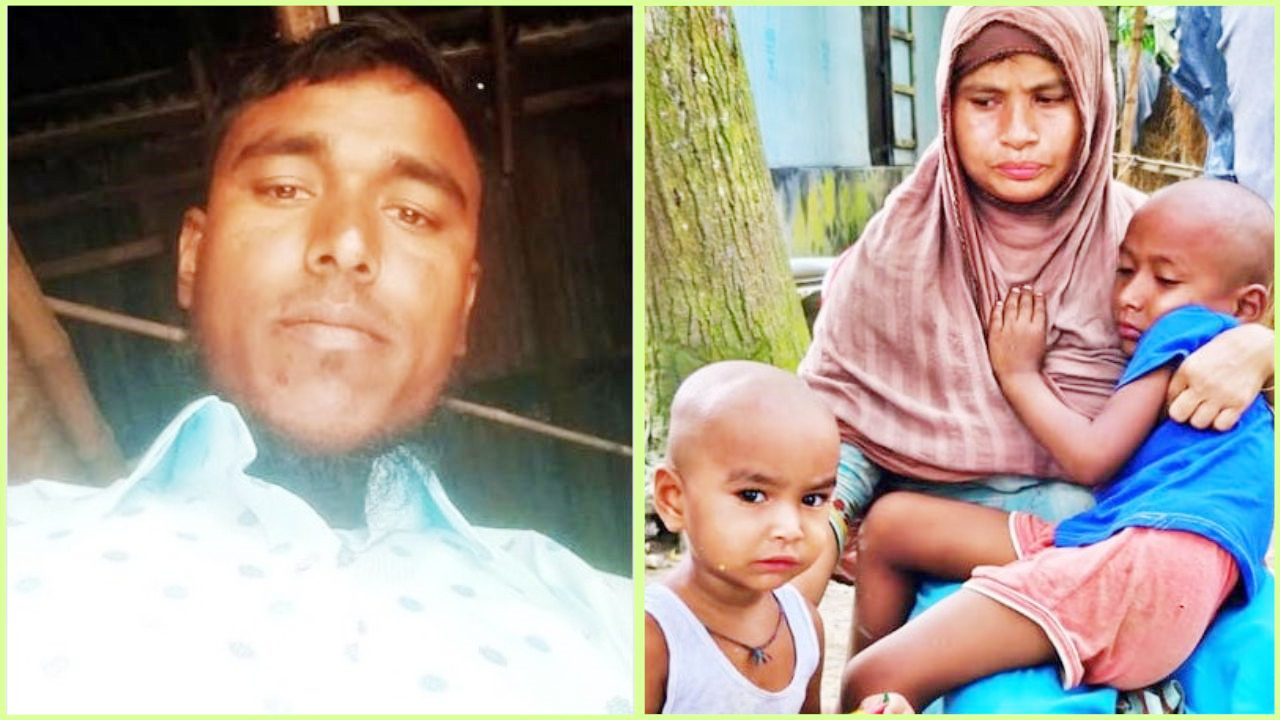 জুলাই অভ্যুত্থানে পুলিশের গুলিতে নিহত কৃষক শহীদ সাইফুল ইসলাম, (ডানে) সন্তানসহ তার স্ত্রী রহিমা