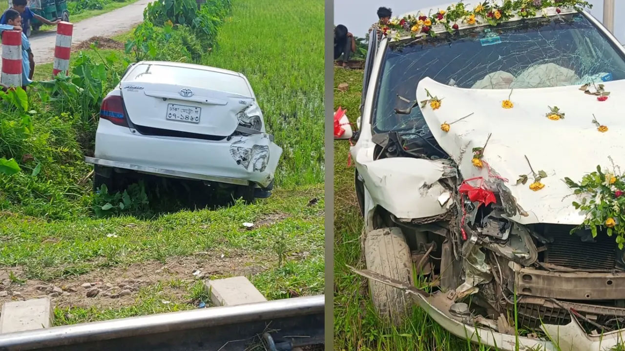 ট্রেনের ধাক্কায় প্রাইভেটকার ধানক্ষেতে ছিটকে পড়েছে