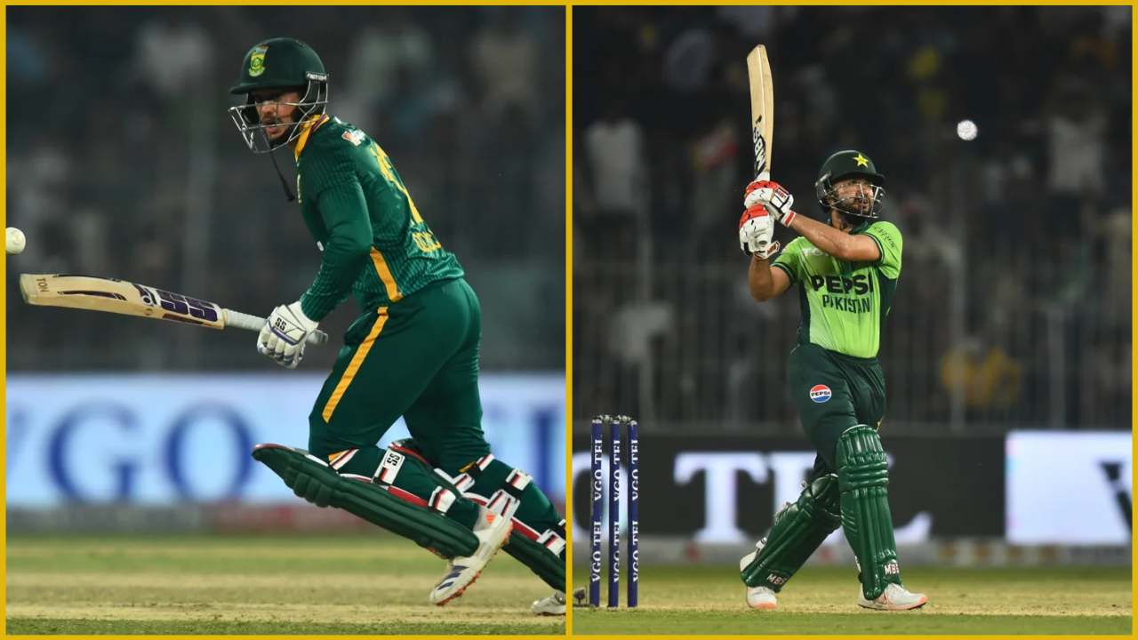শতকের পথে ডি কক (ছবিতে বামে) ও পাকিস্তানি ওপেনার সাইম আইয়ুব (ডানে)