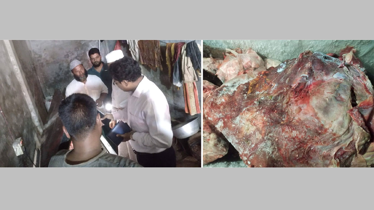 উপজেলা প্রাণিসম্পদ কর্মকর্তার অভিযান, (ডানে) নষ্ট গোশত