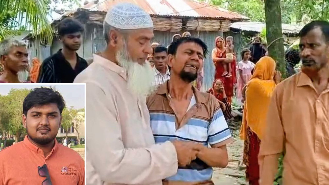 সাব্বিরের বাবার আহাজারি এবং (ইনসেটে) নিহত সাব্বির