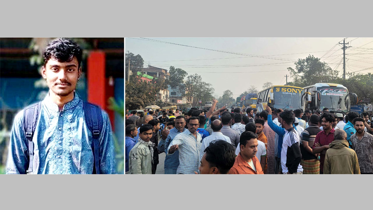 নিহত যোসেফ বর্ণ রোজারিও, (ডানে) মহাসড়ক অবরোধ