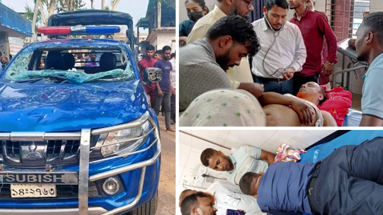 হামলায় পুলিশের ক্ষতিগ্রস্ত গাড়ি এবং (ডানে) আহত চেয়ারম্যান ও এক পুলিশ সদস্য