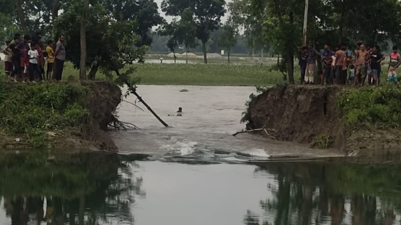 বাঁধ ভেঙ্গে জমিতে ঢুকছে পানি