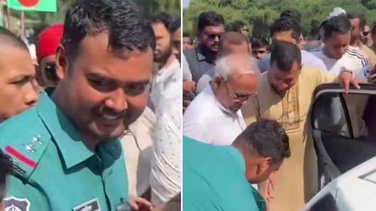 বিএনপির সিনিয়র যুগ্ম মহাসচিব রুহুল কবির রিজভীর পা ধরে সালাম করার মুহূর্তে পুলিশ সার্জেন্ট আরিফুল ইসলাম