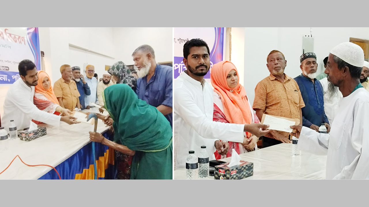 দুস্থ ও হতদরিদ্রদের মাঝে আর্থিক সহায়তার চেক বিতরণ করছেন প্রতিমন্ত্রী নুরুল হক নুর