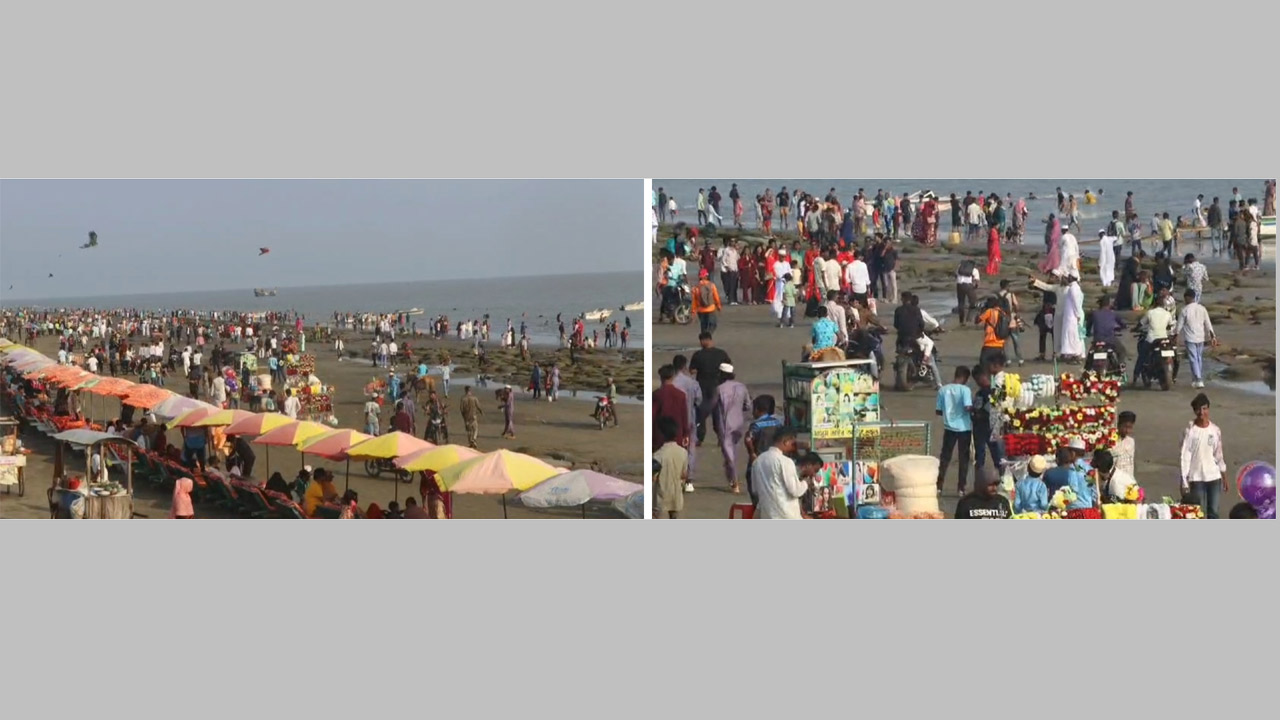কুয়াকাটা সমুদ্র সৈকতে পর্যটকদের উপচে পড়া ভিড়