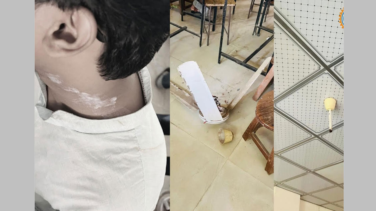 আহত শিক্ষার্থী ও খুলে পড়া ফ্যান