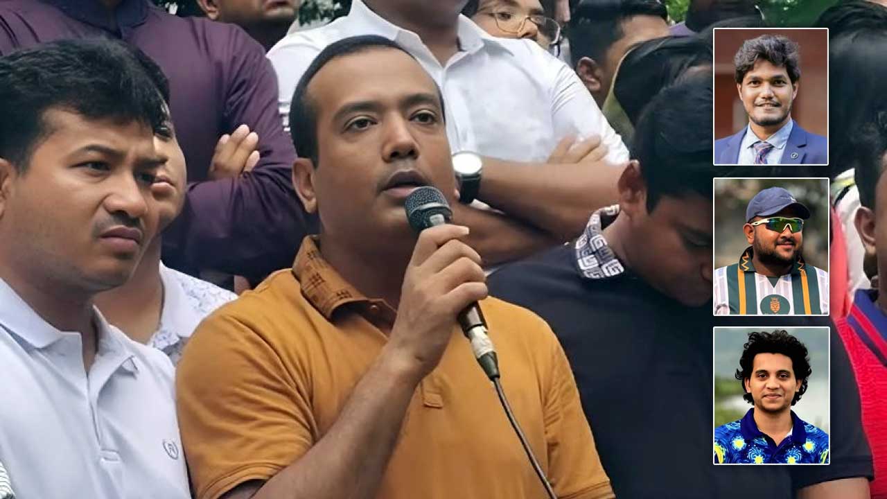 ডাকসুর প্যানেল ঘোষণা করছেন ছাত্রদল সভাপতি রাকিবুল ইসলাম রাকিব। ইনসেটে ভিপি, জিএস ও এজিএস প্রার্থী (উপর থেকে)