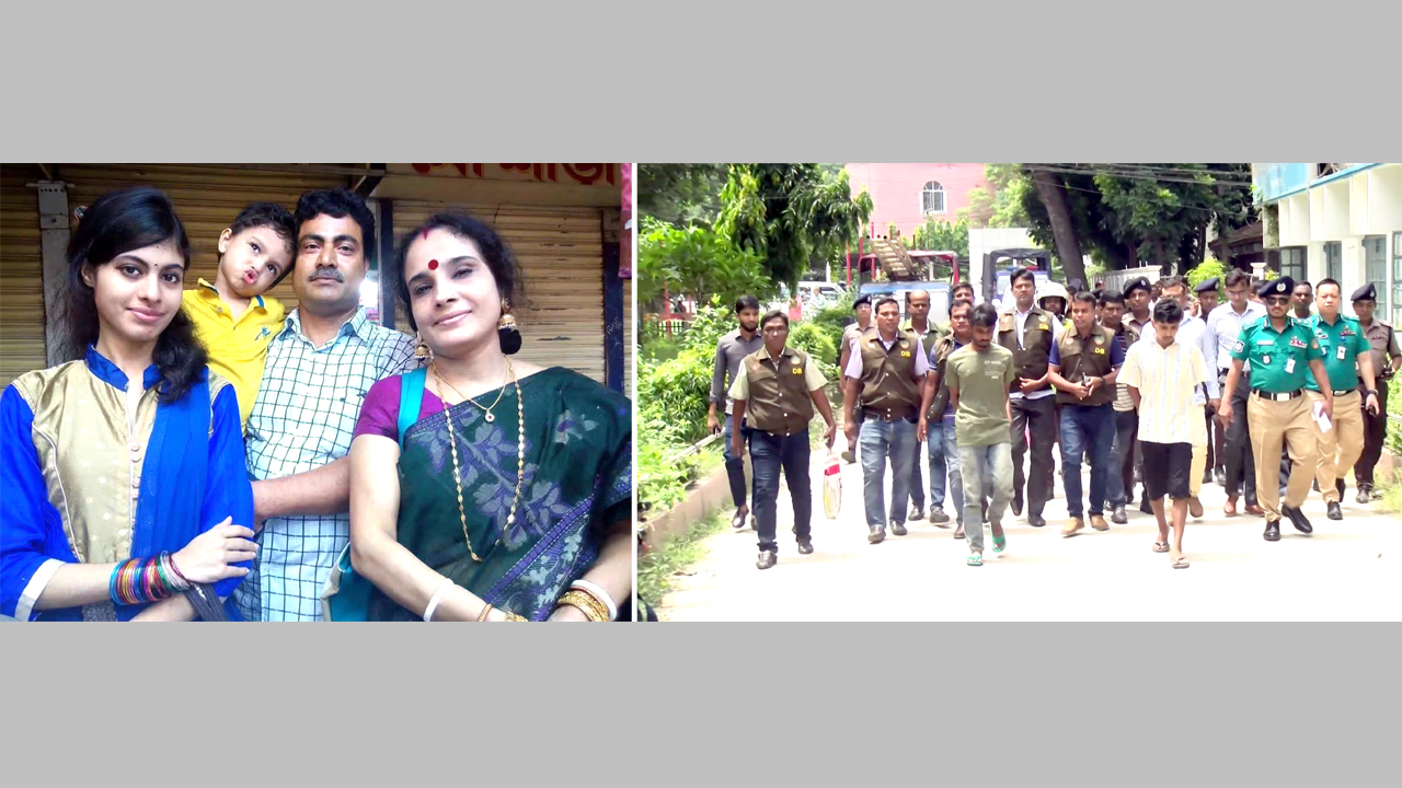 (বাঁ থেকে) মেয়ে প্রার্থী, ছেলে প্রিয়ম, গণপতি চক্রবর্তী ও তার স্ত্রী প্রীতিলতা, (ডানে) গ্রেফতার দুই খুনি সিদ্ধার্থ ও মুগ্ধ দাস
